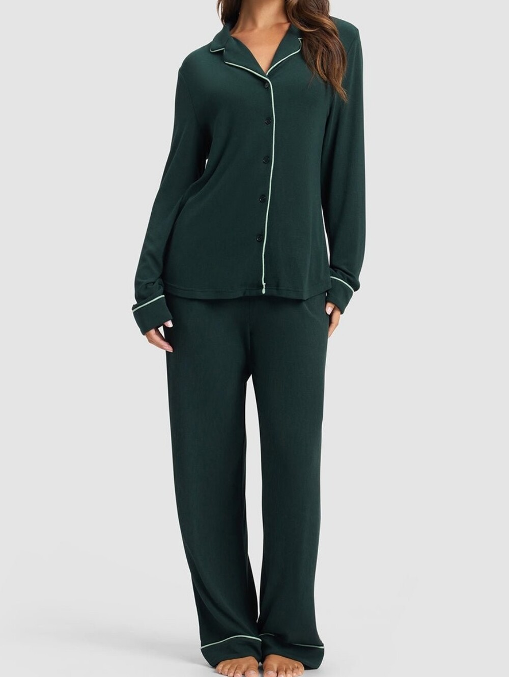 Cozy Earth Women's Bamboo Rib-Knit Classic Long Sleeve Pajama Set In Spruce